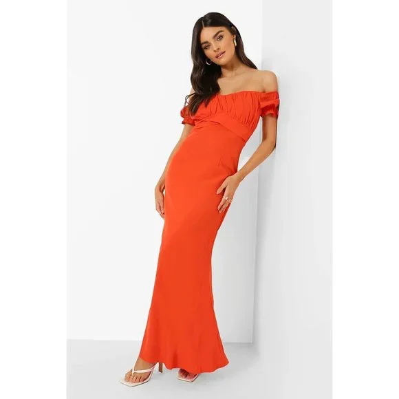 open lace back dress Mocha Mirage Bardot Maxi- burnt orange – The Bae Club main image 0